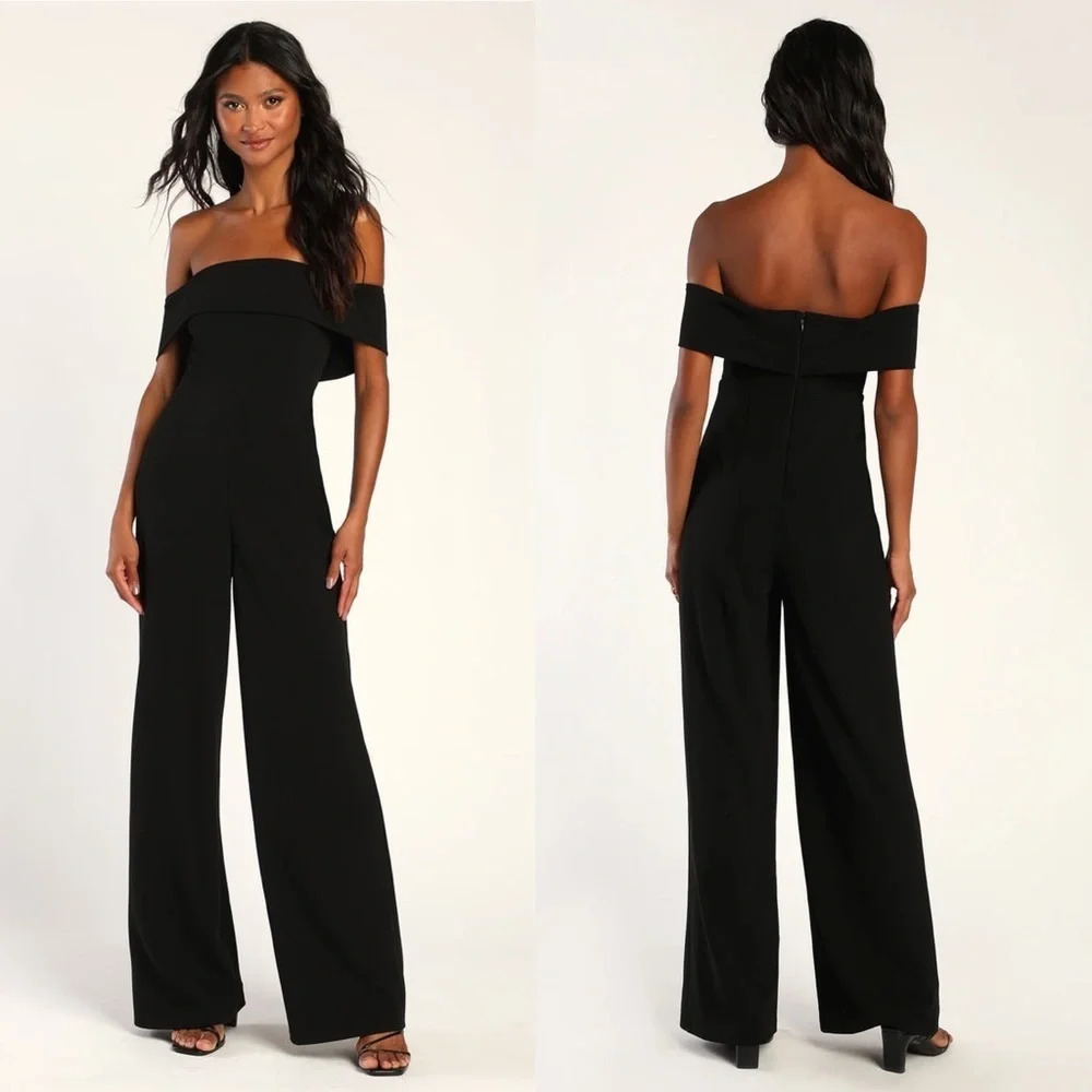✨NWT Lulus Black Pretty Picturesque Off Shoulder Wide Leg Jumpsuit Size Small